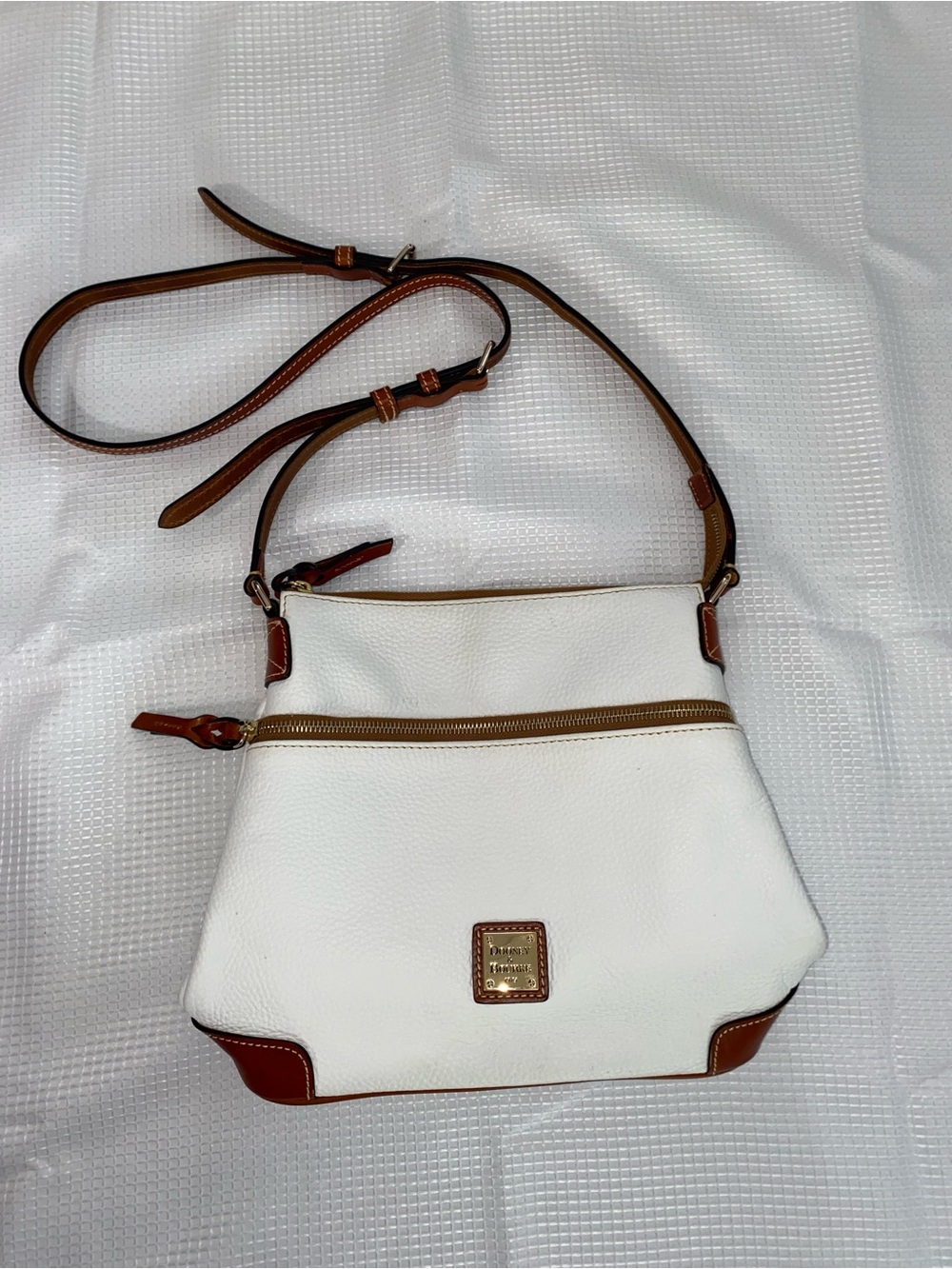 Dooney & Bourke White Pebble Leather Crossbody with Brown Trim